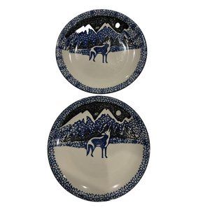 Tienshan Folkcraft WOLF Dinner Plate 10” Blue Sponge Lot Of 2 Oven To Table